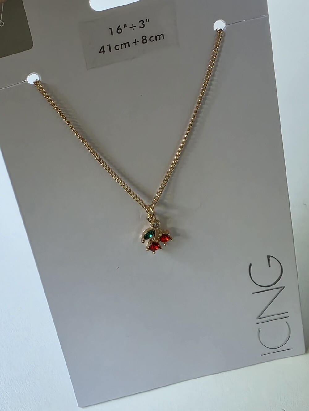 Gold Cherry Charm Necklace with Red and Green Gems